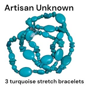 3 Bohemian synthetic turquoise bracelets mult shape beads stretchy Women's O/S